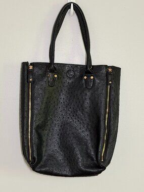 Black Ostrich Embossed Faux Leather Tote Bag w/ Side Zip Detail